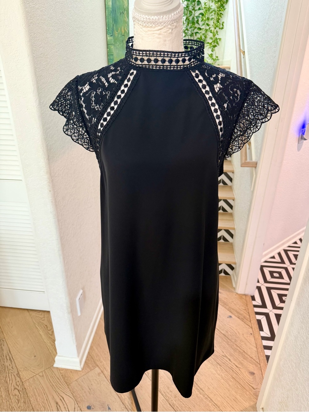 Zara Black Lace-Trim High-Neck Mini Dress